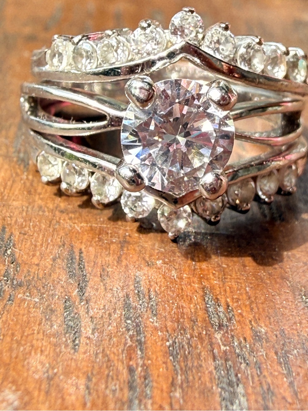 Vintage SETA Silver Round CZ Solitaire & Double Enhancer Bridal Ring Sz 5/6